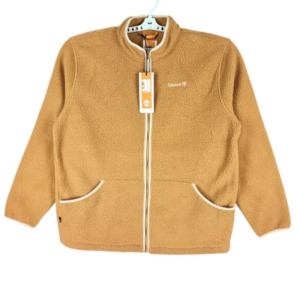 NWT Timberland Men's Full Zip Warm Cozy Tan Sherpa Jacket Size L Stand-up Collar